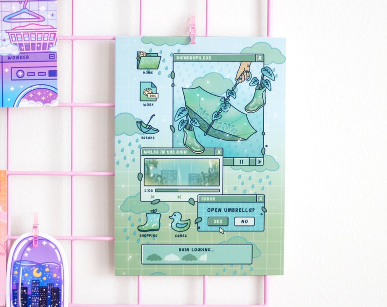 May include: A digital illustration of a computer screen with a green umbrella, rain drops, and the text "ROINDROPS.EXE", "WALKS IN THE RAIN", "OPEN UMBRELLA?", and "RAIN LOADING..."