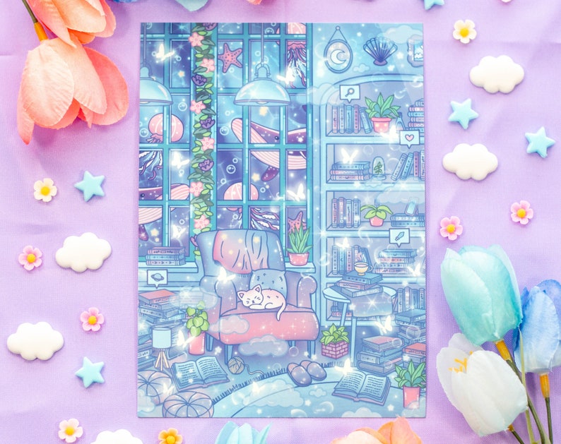 May include: A whimsical illustration of a cozy reading nook with a plush armchair, a cat curled up on a cushion, and a bookshelf filled with books. The room is decorated with stars, planets, and other celestial elements, creating a magical and dreamy atmosphere.