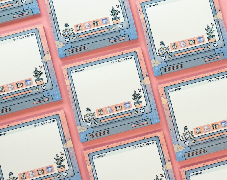 May include: A set of pastel pink and blue desktop sticky notes with a computer screen design. Each note features a white background, a blue computer screen with the word "DESKTOP" at the top, and a small plant icon in the bottom right corner. The notes are decorated with small stars, hearts, and clouds.