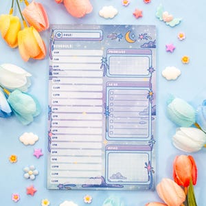 Celestial Galaxy Hourly Planner Pad | Dreamy Floral Cute Kawaii Art Aesthetic Stationery