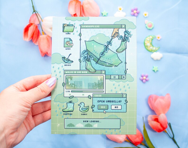 May include: A green and blue illustrated digital art print depicting a computer screen with a rain-themed desktop. The screen shows a video titled "Walks in the Rain" with a green umbrella and rain boots. The screen also has a pop-up window asking "Open Umbrella?" with buttons for "Yes" and "No".