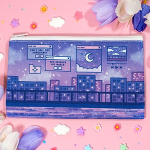 City Nights Cute Aesthetic Pencil Case | Vaporwave Lofi Canvas Bag Zipper Pouch