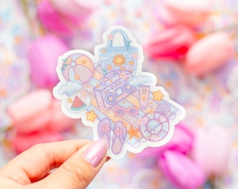 May include: A pastel-colored sticker featuring beach-themed illustrations. Includes a beach ball, boombox, sunglasses, sunscreen, watermelon slice, flip-flops, a beach bag, and a life preserver. The sticker has a white border and is set against a blurred background.