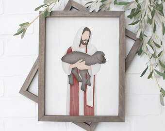 Él deja los noventa y nueve / Pintura de Jesús / Cuadro de Jesús / Acuarela de Jesús / Grabado de arte de Jesús / El Cristo Viviente / Arte SUD