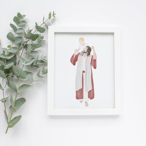 Gedragen in zijn liefde | Ik ben een kind van God | Jezus schilderij | LDS-kunst | Kom mij volgen | Jezus aquarel | Jezus met Kind | LDS-doop