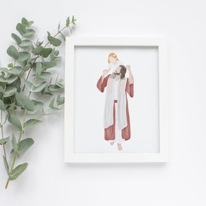 Gedragen in zijn liefde | Ik ben een kind van God | Jezus schilderij | LDS-kunst | Kom mij volgen | Jezus aquarel | Jezus met Kind | LDS-doop