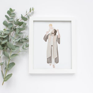 Gedragen in zijn liefde | Ik ben een kind van God | Jezus schilderij | LDS-kunst | Kom mij volgen | Jezus aquarel | Jezus met Kind | LDS-doop