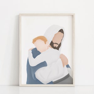 May include: A framed illustration of a man with a beard and long hair holding a child in his arms. The man is wearing a blue robe and the child is wearing a white shirt. The background is white.