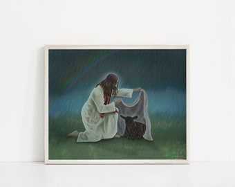 Shelter From The Storm | Jesus Painting | Jesus with Sheep | Picture of Jesus | Jesus Watercolor | Jesus | The Living Christ | LDS Art