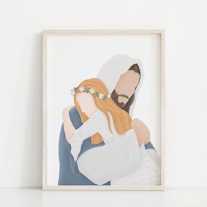 May include: A digital illustration of Jesus embracing a young girl with a flower crown. The image is in a white frame and has a white background.