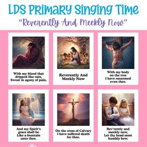Könnte beinhalten: Ein rosa Lehrplakat mit dem Titel LDS Primary Singing Time Reverently And Meekly Now, das sechs religiöse Illustrationen mit Liedtexten zeigt. Der obere Rand hat bunte Musiknoten und unten steht der Text By Small and Simple.