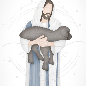 Puede incluir: Un hombre vestido con una t&uacute;nica blanca con una faja azul sostiene un peque&ntilde;o cordero gris oscuro en sus brazos. El hombre tiene barba y cabello casta&ntilde;o. El fondo es blanco con un patr&oacute;n tenue de c&iacute;rculos.