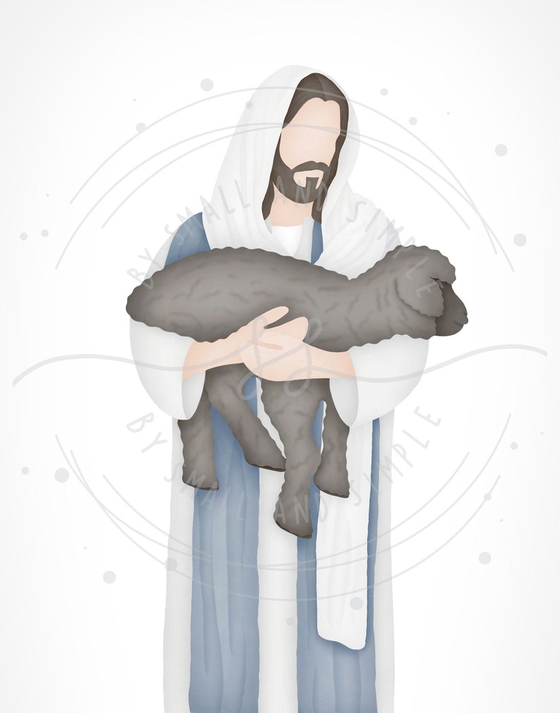 Puede incluir: Un hombre vestido con una t&uacute;nica blanca con una faja azul sostiene un peque&ntilde;o cordero gris oscuro en sus brazos. El hombre tiene barba y cabello casta&ntilde;o. El fondo es blanco con un patr&oacute;n tenue de c&iacute;rculos.