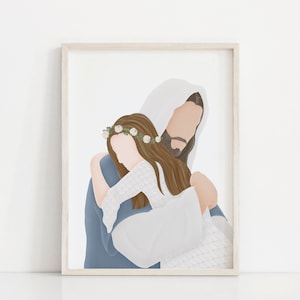 Peut inclure: Illustration numérique d'un homme barbu aux cheveux longs portant une robe blanche, tenant une jeune fille avec une couronne de fleurs dans ses bras. L'arrière-plan est blanc.