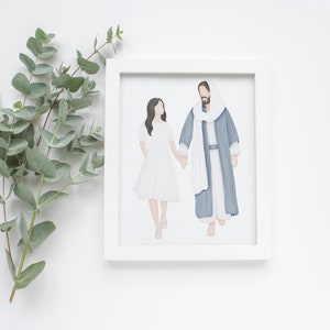 May include: A framed illustration of a woman in a white dress and a man in a blue robe holding hands. The illustration is in a white frame and is on a white background.