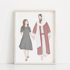 May include: A digital illustration of a woman in a gray dress holding hands with a man in a red and white robe. The image is framed in a light wood frame.