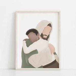 May include: A digital illustration of Jesus in a white robe holding a child in his arms. The child is wearing a white shirt and has brown skin. The background is white.
