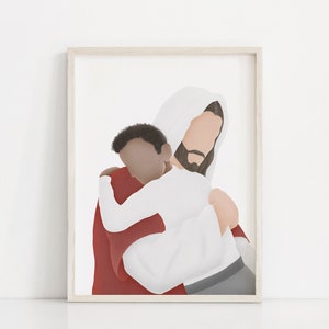 May include: A framed illustration of a man with a beard and long hair wearing a white robe holding a child in his arms. The child is wearing a white shirt and red pants. The background is white.