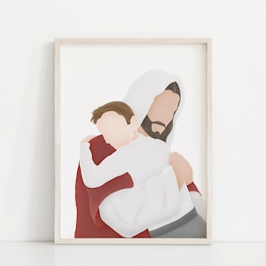 May include: A digital illustration of a man with a beard and long hair holding a child in his arms. The man is wearing a red robe and the child is wearing a white robe. The image is in a simple, minimalist style.