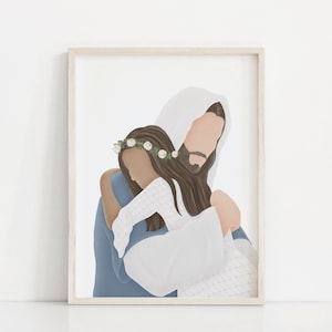May include: A digital illustration of Jesus embracing a young girl with a flower crown. The girl is wearing a white dress and Jesus is wearing a blue robe. The background is white.