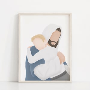May include: A digital illustration of a man with a beard and long hair holding a child in his arms. The man is wearing a blue robe and the child is wearing a white robe. The background is white.