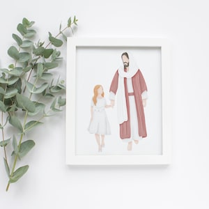 May include: A framed illustration of a man and a girl holding hands. The man is wearing a red robe and a white scarf. The girl is wearing a white dress. The background is white.