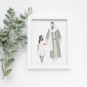 May include: A framed illustration of a man in a green robe and a white shawl holding the hand of a young girl in a white dress. The background is white.