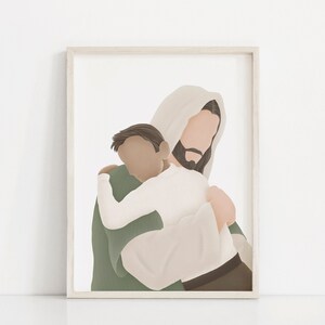 Peut inclure: Illustration numérique d'un homme barbu aux cheveux longs tenant un enfant dans ses bras. L'homme porte une robe verte et l'enfant porte une chemise blanche. L'arrière-plan est blanc.