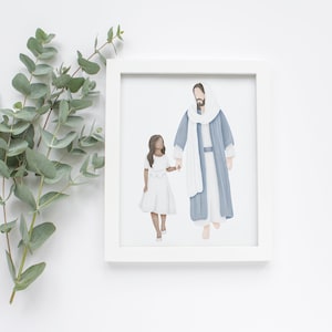 Peut inclure: Une illustration encadrée d'un homme en robe bleue et d'une jeune fille en robe blanche, marchant main dans la main. L'homme porte une écharpe blanche autour du cou et une barbe. La fille a les cheveux brun foncé. L'illustration est sur un fond blanc.