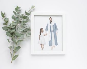 May include: A framed illustration of a man in a blue robe and a young girl in a white dress, walking hand-in-hand. The man has a white shawl around his neck and a beard. The girl has dark brown hair. The illustration is on a white background.