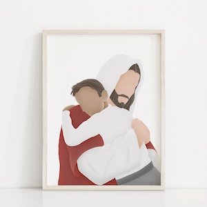 May include: A framed illustration of a man with a beard and long hair wearing a white robe holding a child in his arms. The man is wearing a red robe underneath the white robe. The child is wearing a white shirt and grey trousers.