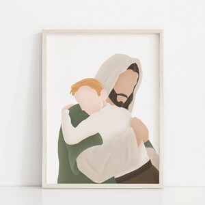 May include: A digital illustration of a man with a beard and long hair, wearing a green robe, holding a child in his arms. The child is wearing a white shirt and has red hair.