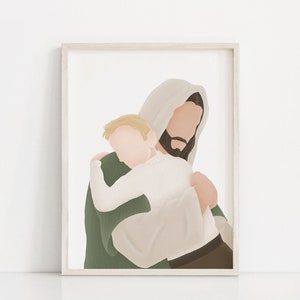 May include: A digital illustration of a man with a beard and long brown hair holding a child in his arms. The man is wearing a green robe and the child is wearing a white shirt. The background is white.
