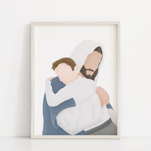 May include: A digital illustration of a man with a beard and long hair, wearing a white robe, holding a child in his arms. The man and child are both smiling.