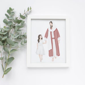 May include: A framed print featuring an illustration of a figure in a red robe holding hands with a girl in a white dress. The artwork is set against a white background, with eucalyptus leaves in the upper left corner.
