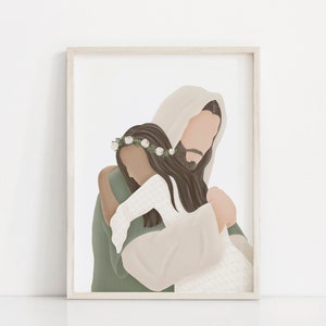 May include: A digital illustration of a man with long brown hair and a beard, wearing a white robe, holding a young girl with a flower crown in his arms. The background is white.