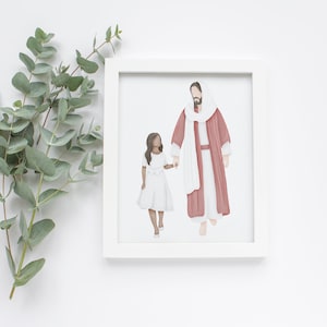 May include: A framed illustration of a man in a red robe holding the hand of a young girl in a white dress. The man has a beard and long hair. The illustration is in a white frame.