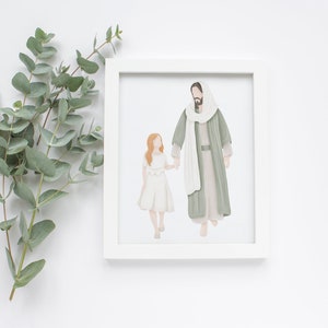 May include: A framed illustration of a man and a girl walking hand-in-hand. The man is wearing a long, green robe and a white shawl. The girl is wearing a white dress. The background is white.