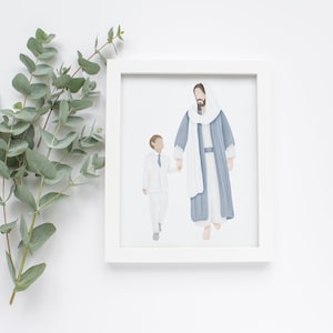 May include: A framed illustration of a man in a blue robe holding the hand of a boy in a white suit. The illustration is on a white background.