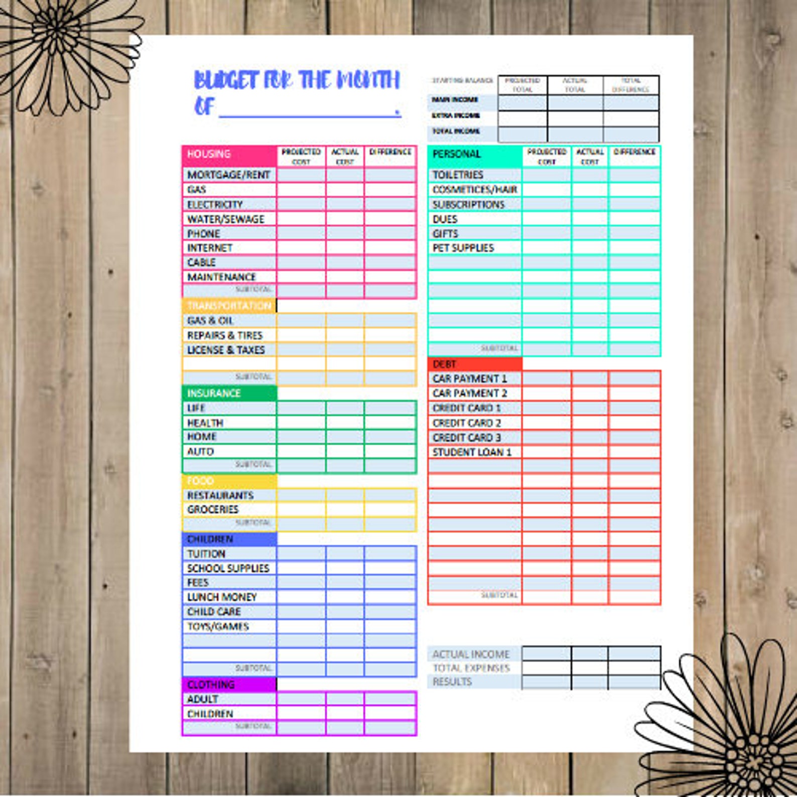 Colorful Monthly Budget Printable digital download Etsy