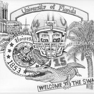 Original Pen and Ink Drawing Custom Graduation Diploma Artwork Gift University of Florida Gators College School Certificate Student