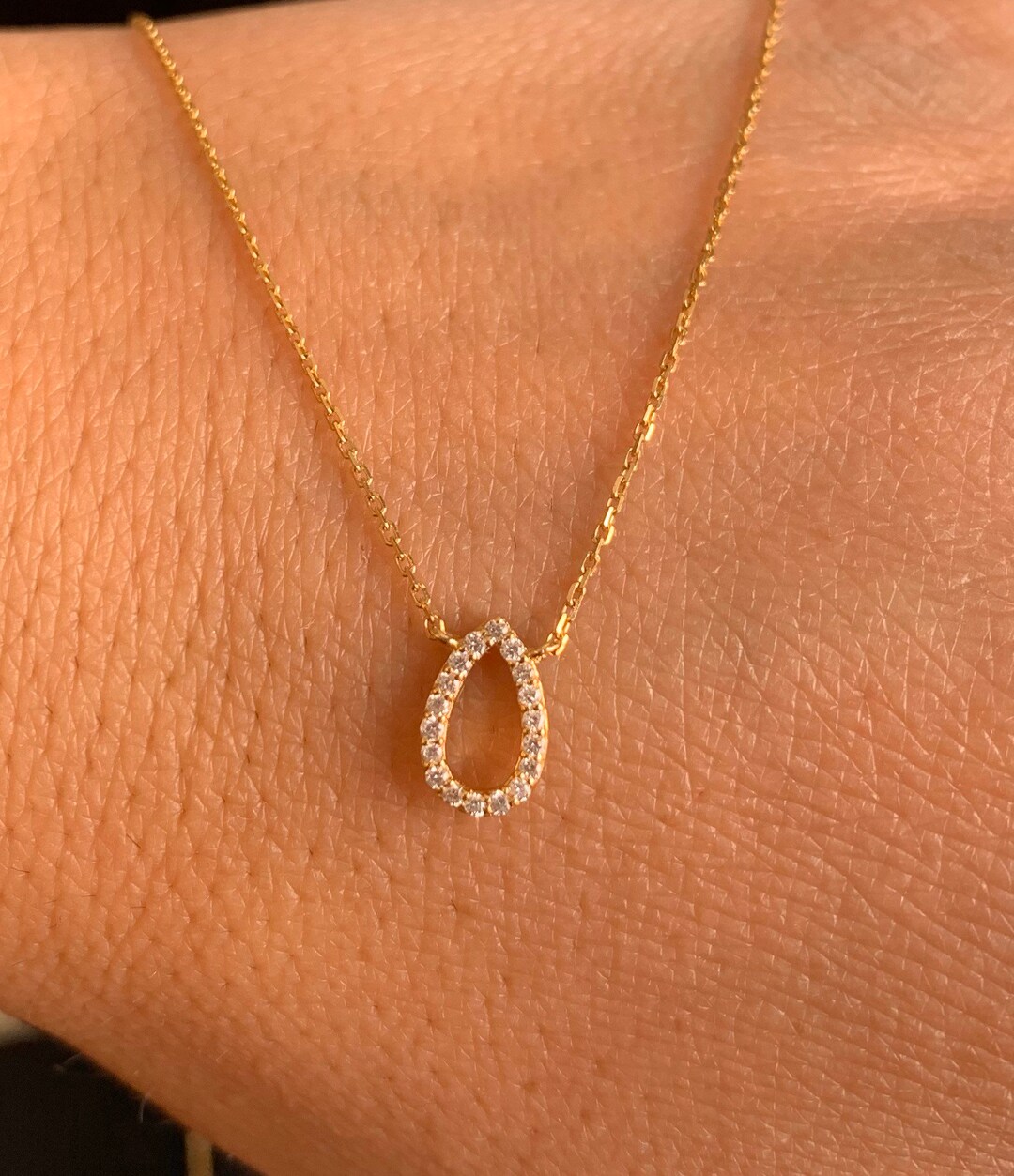 14K Gold Diamond Open Tear Drop Necklace Etsy