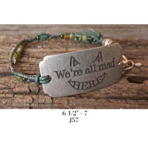 Leather Wrap Bracelet, Serpentine Beads, Single Wrap Leather Bracelet, &quot;We&#39;re All Mad Here&quot;, Adjustable Bracelet (J57)
