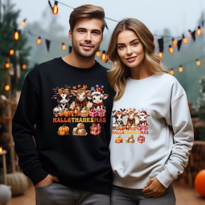 HalloThanksMas Farm Animal Sweatshirt, Halloween, Thanksgiving, Fall, Christmas, Cute Farm Animals, Cow, Fall Lover, Christmas Lover