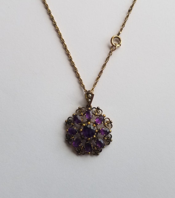 Antique 9kt Amethyst Snowflake Pendant & Chain - image 1