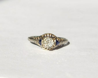 Antique Edwardian 14kt White Gold Diamond & Sapphire Ring Size 6