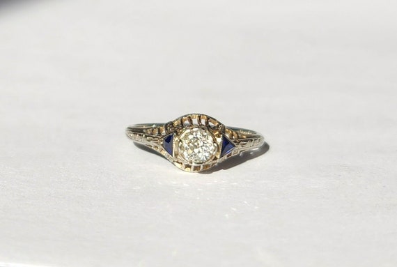 Antique Edwardian 14kt White Gold Diamond & Sapph… - image 1