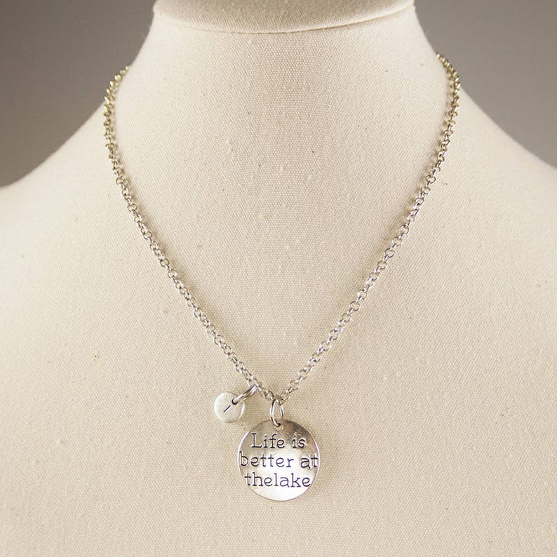 initial charm Personalized initial necklace XL202 life is better at thelake necklace custom necklace silver necklace quote necklace