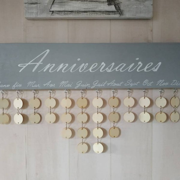 Calendrier perpétuel des anniversaires bois recyclé et 30 pastilles à personnaliser avec prénoms dates d'anniversaires