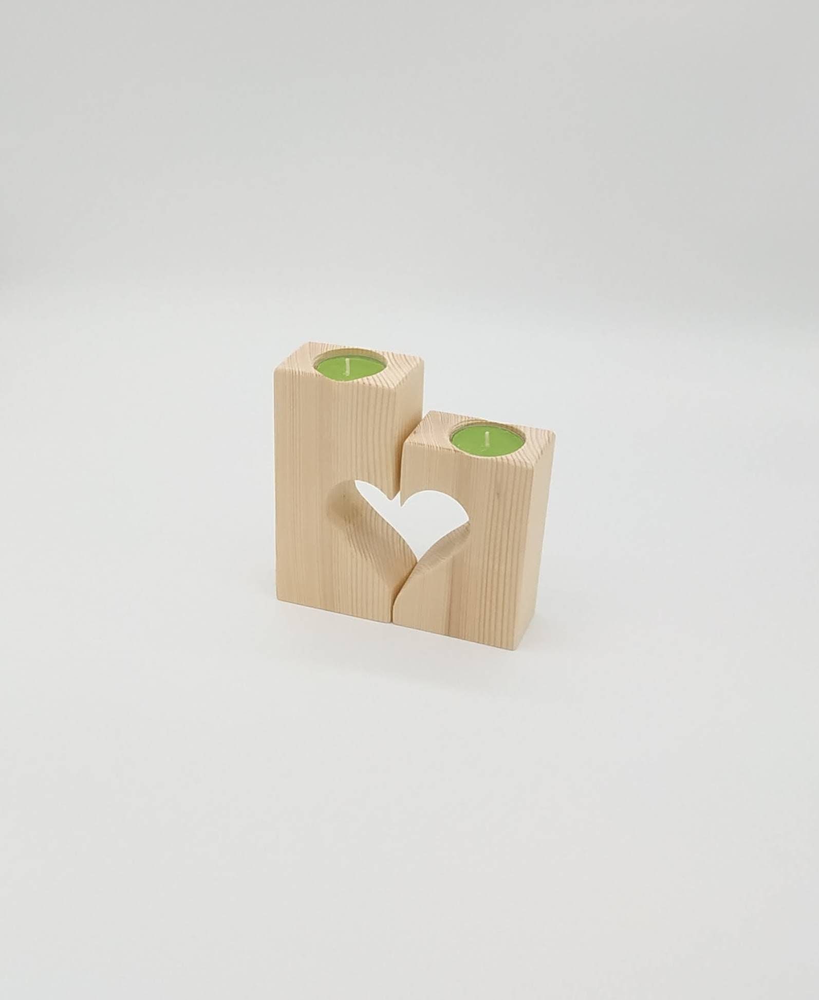 Duo de Porte-Bougies Cœur, Bois Naturel Recyclé. Cadeau Saint Valentin, Éco Responsable.